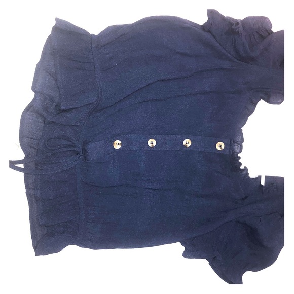 Navy off the shoulder draw string peasant top - Picture 2 of 2